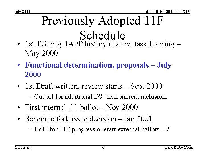 July 2000 doc. : IEEE 802. 11 -00/215 Previously Adopted 11 F Schedule •