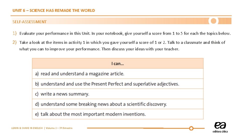 UNIT 6 – SCIENCE HAS REMADE THE WORLD SELF-ASSESSMENT 1) Evaluate your performance in