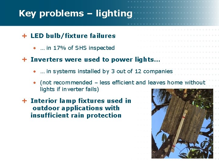 Key problems – lighting LED bulb/fixture failures • … in 17% of SHS inspected Key problems – lighting LED bulb/fixture failures • … in 17% of SHS inspected