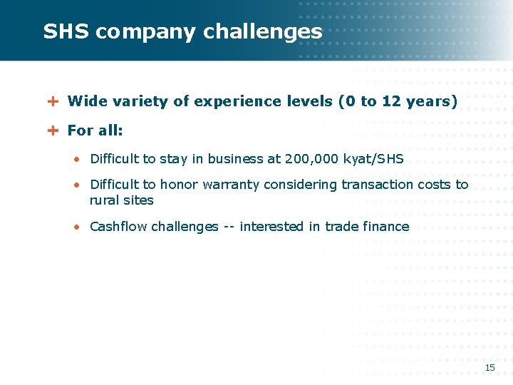 SHS company challenges Wide variety of experience levels (0 to 12 years) For all: SHS company challenges Wide variety of experience levels (0 to 12 years) For all: