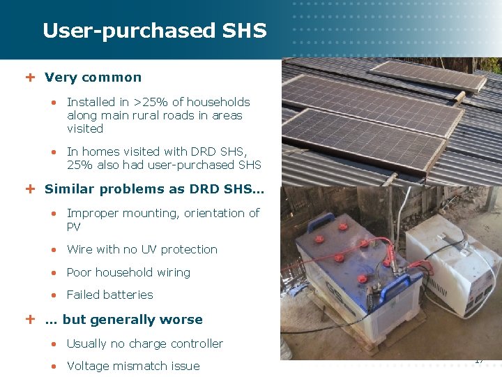 User-purchased SHS Very common • Installed in >25% of households along main rural roads User-purchased SHS Very common • Installed in >25% of households along main rural roads