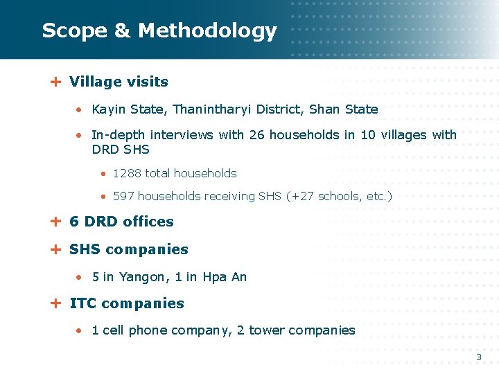 Scope & Methodology Village visits • Kayin State, Thanintharyi District, Shan State • In-depth Scope & Methodology Village visits • Kayin State, Thanintharyi District, Shan State • In-depth