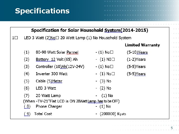 Specifications 5 Specifications 5