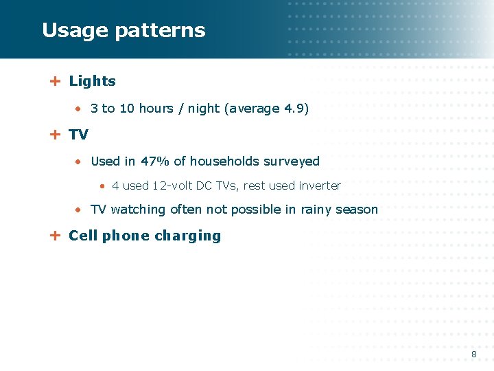 Usage patterns Lights • 3 to 10 hours / night (average 4. 9) TV Usage patterns Lights • 3 to 10 hours / night (average 4. 9) TV