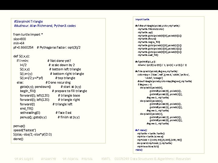 Sierpinski Triangle Codes #Sierpinski Triangle #Authour: Alan Richmond, Python 3. codes from turtle import