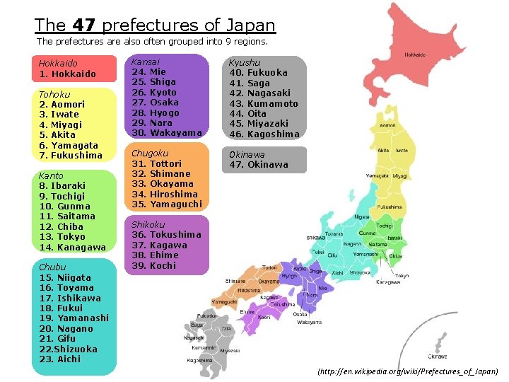 The 47 prefectures of Japan The prefectures are also often grouped into 9 regions. The 47 prefectures of Japan The prefectures are also often grouped into 9 regions.