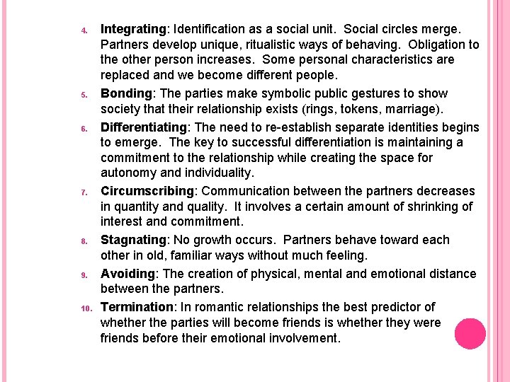 4. 5. 6. 7. 8. 9. 10. Integrating: Identification as a social unit. Social