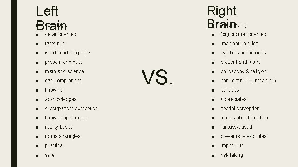 Left Brain Right ■ Brain ■ uses logic ■ detail oriented ■ “big picture” Left Brain Right ■ Brain ■ uses logic ■ detail oriented ■ “big picture”
