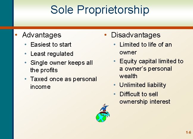 Sole Proprietorship • Advantages • Easiest to start • Least regulated • Single owner
