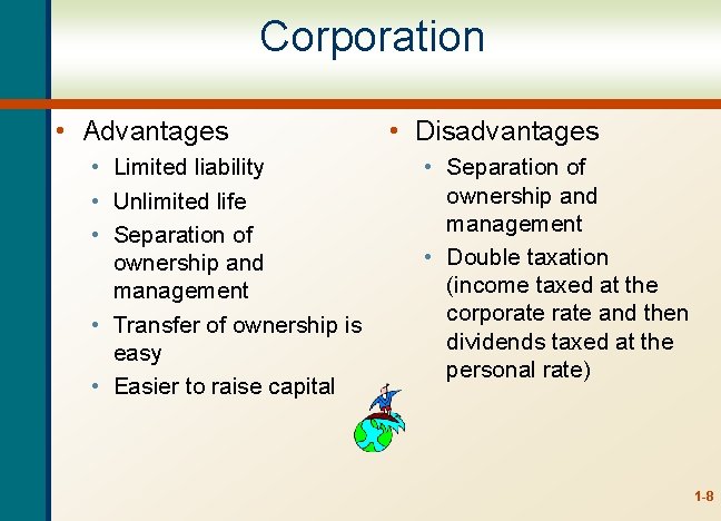 Corporation • Advantages • Limited liability • Unlimited life • Separation of ownership and