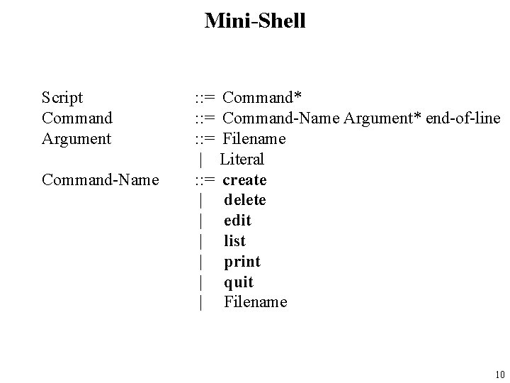 Mini-Shell Script Command Argument Command-Name : : = | | | | Command* Command-Name