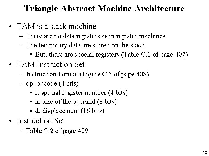 Triangle Abstract Machine Architecture • TAM is a stack machine – There are no