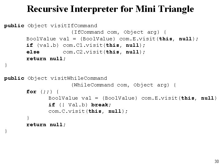 Recursive Interpreter for Mini Triangle public Object visit. If. Command (If. Command com, Object