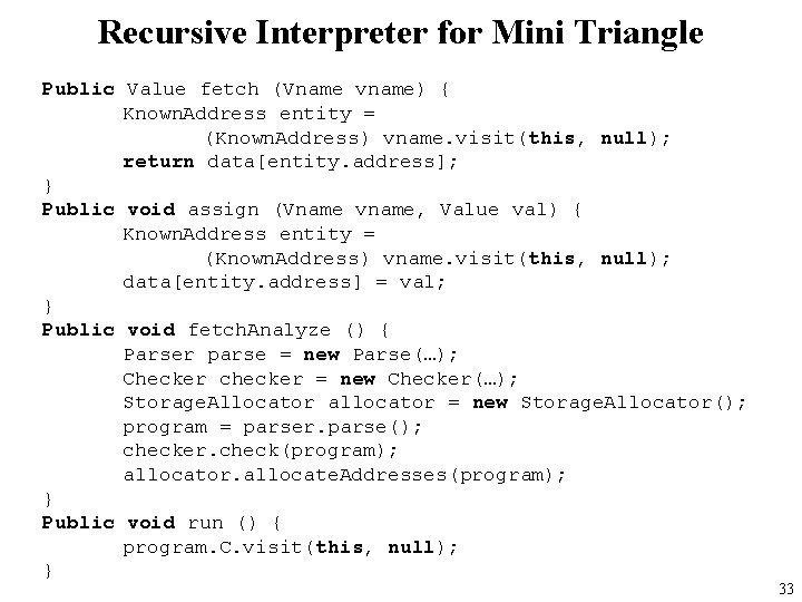 Recursive Interpreter for Mini Triangle Public Value fetch (Vname vname) { Known. Address entity