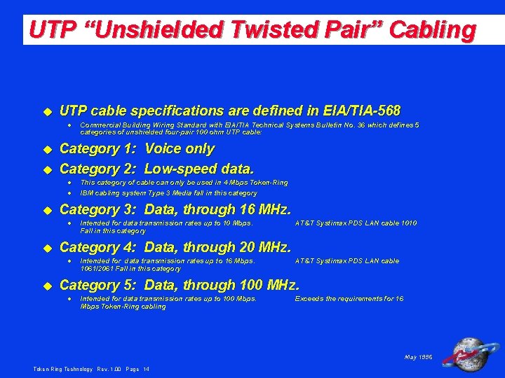 UTP “Unshielded Twisted Pair” Cabling u UTP cable specifications are defined in EIA/TIA-568 ·