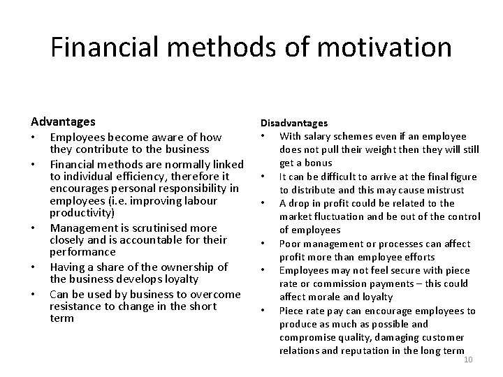 Financial methods of motivation Advantages • Employees become aware of how • • they