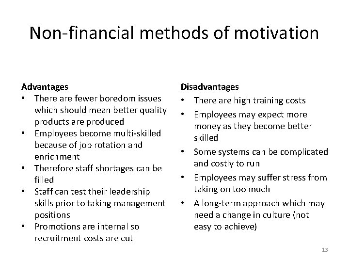 Non-financial methods of motivation Advantages • There are fewer boredom issues which should mean