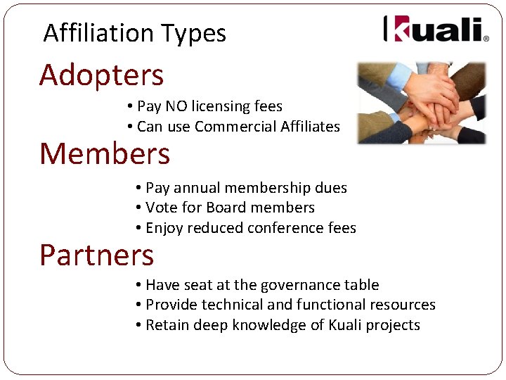 Affiliation Types Adopters • Pay NO licensing fees • Can use Commercial Affiliates Members