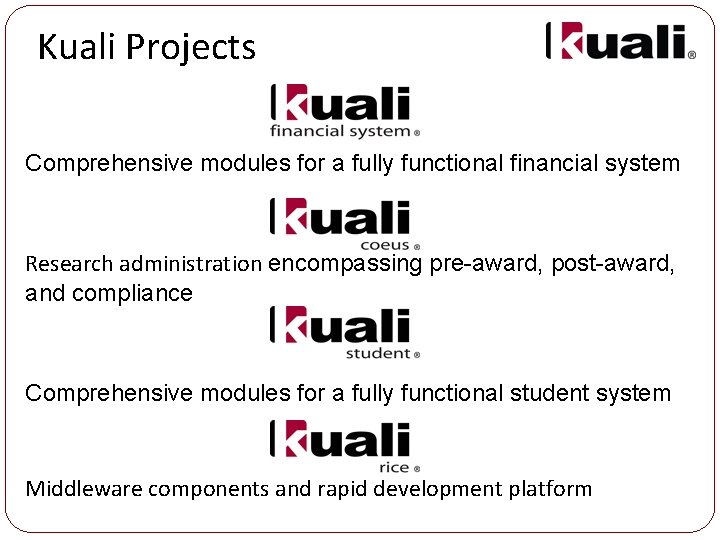 Kuali Projects Comprehensive modules for a fully functional financial system Research administration encompassing pre-award,