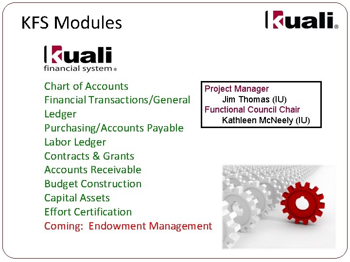 KFS Modules Chart of Accounts Project Manager Jim Thomas (IU) Financial Transactions/General Functional Council
