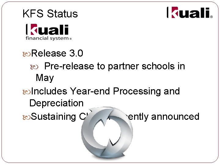 KFS Status Release 3. 0 Pre-release to partner schools in May Includes Year-end Processing