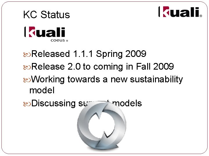 KC Status Released 1. 1. 1 Spring 2009 Release 2. 0 to coming in