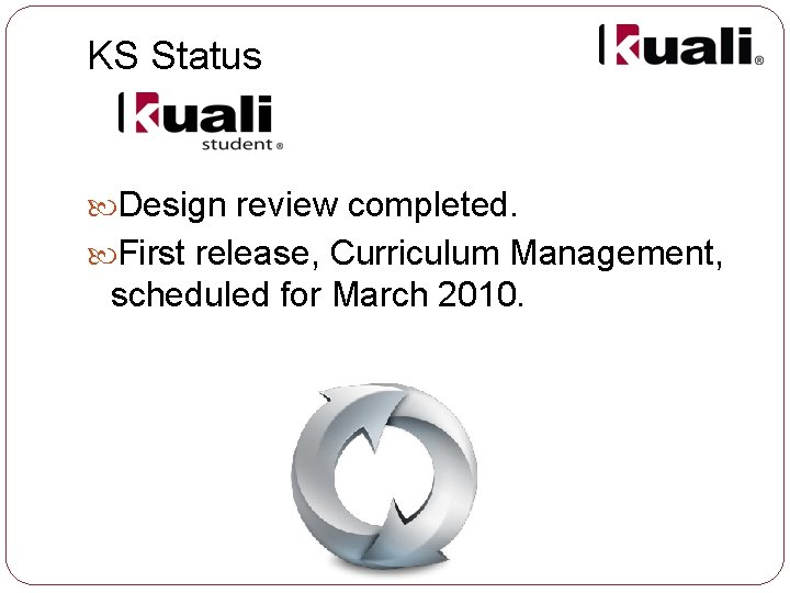 KS Status Design review completed. First release, Curriculum Management, scheduled for March 2010. 