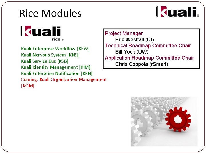 Rice Modules Project Manager Eric Westfall (IU) Technical Roadmap Committee Chair Bill Yock (UW)