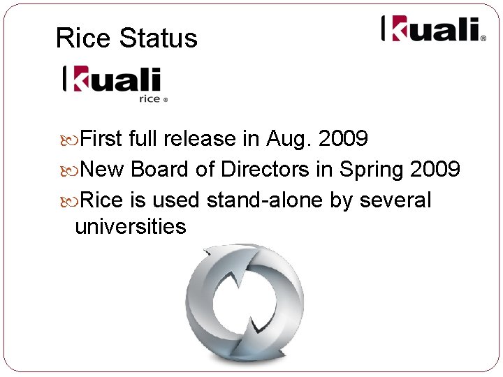 Rice Status First full release in Aug. 2009 New Board of Directors in Spring