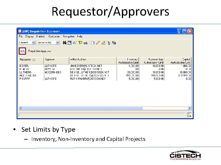 Requestor/Approvers • Set Limits by Type – Inventory, Non-Inventory and Capital Projects 