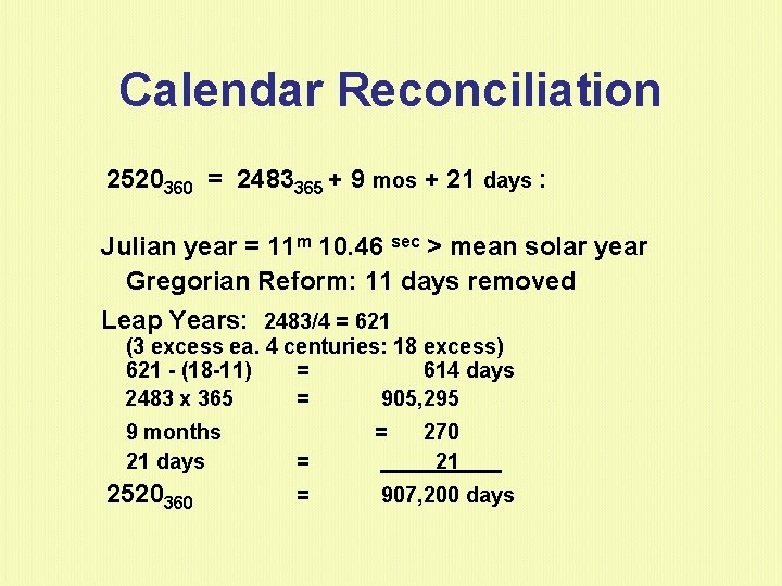Calendar Reconciliation 2520360 = 2483365 + 9 mos + 21 days : Julian year