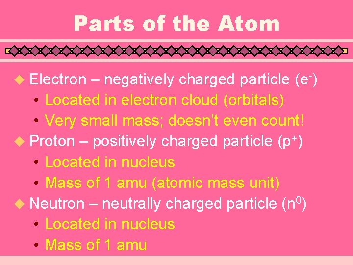 Parts of the Atom u Electron – negatively charged particle (e-) • Located in Parts of the Atom u Electron – negatively charged particle (e-) • Located in