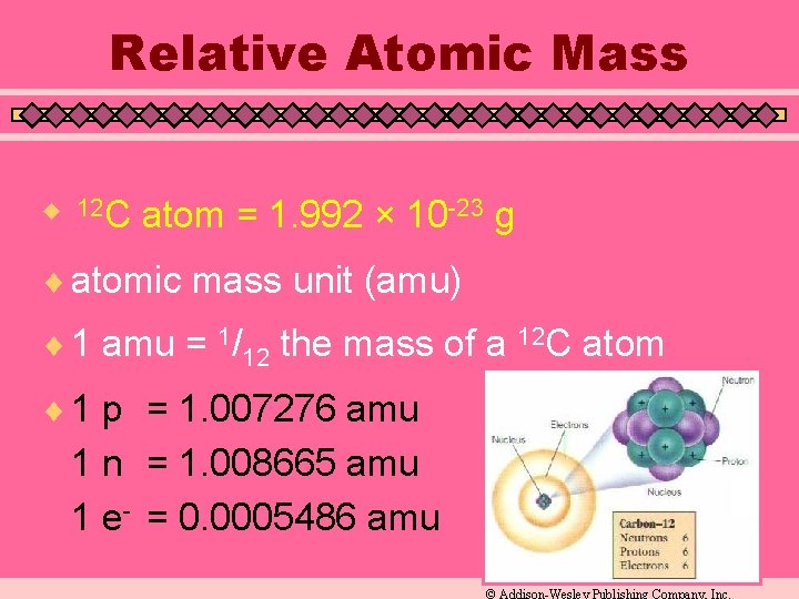 Relative Atomic Mass u 12 C atom = 1. 992 × 10 -23 g Relative Atomic Mass u 12 C atom = 1. 992 × 10 -23 g
