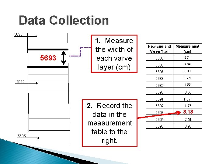 Data Collection 5695 5693 1. Measure the width of each varve layer (cm) 5690
