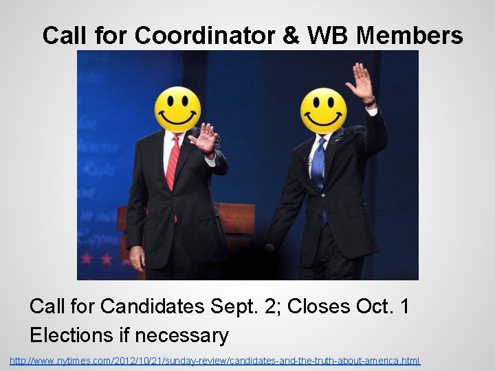 Call for Coordinator & WB Members Call for Candidates Sept. 2; Closes Oct. 1
