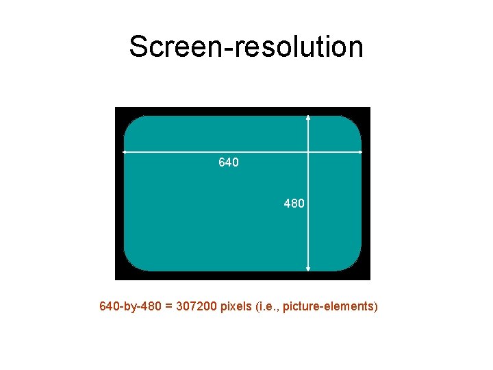 Screen-resolution 640 480 640 -by-480 = 307200 pixels (i. e. , picture-elements) 