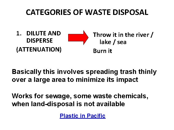 CATEGORIES OF WASTE DISPOSAL 1. DILUTE AND DISPERSE (ATTENUATION) Throw it in the river