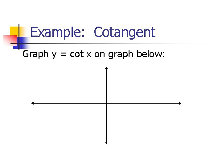 Example: Cotangent Graph y = cot x on graph below: 