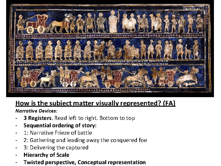 How is the subject matter visually represented? (FA) Narrative Devices: - 3 Registers. Read