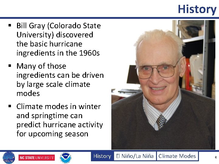 History § Bill Gray (Colorado State University) discovered the basic hurricane ingredients in the