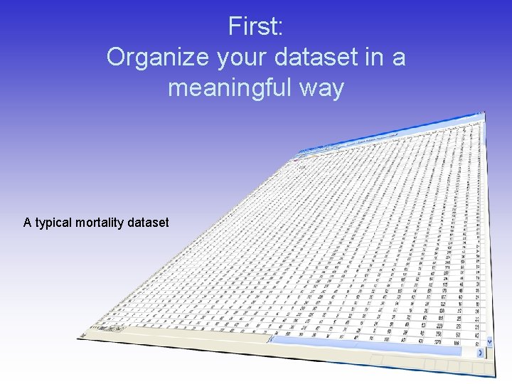 First: Organize your dataset in a meaningful way A typical mortality dataset 