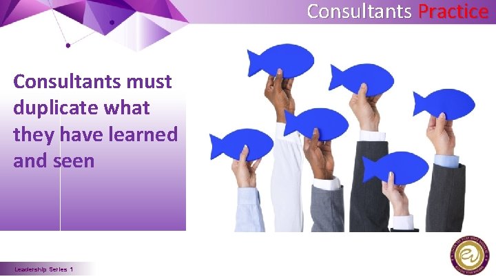 Consultants Practice Consultants must duplicate what they have learned and seen Leadership Series 1