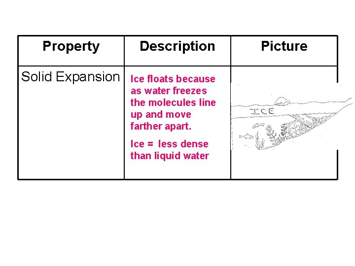Property Description Solid Expansion Ice floats because as water freezes the molecules line up Property Description Solid Expansion Ice floats because as water freezes the molecules line up