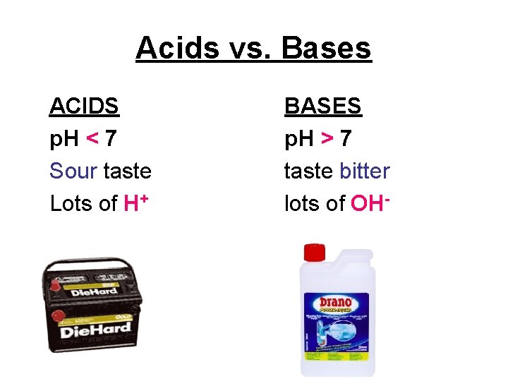 Acids vs. Bases ACIDS p. H < 7 Sour taste Lots of H+ BASES Acids vs. Bases ACIDS p. H < 7 Sour taste Lots of H+ BASES