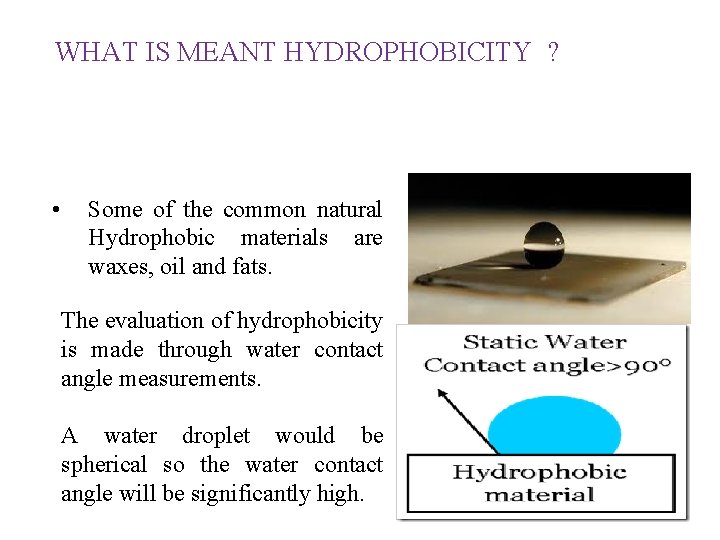 WHAT IS MEANT HYDROPHOBICITY ? • Some of the common natural Hydrophobic materials are WHAT IS MEANT HYDROPHOBICITY ? • Some of the common natural Hydrophobic materials are