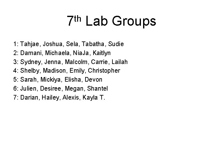 7 th Lab Groups 1: Tahjae, Joshua, Sela, Tabatha, Sudie 2: Damani, Michaela, Nia. 7 th Lab Groups 1: Tahjae, Joshua, Sela, Tabatha, Sudie 2: Damani, Michaela, Nia.