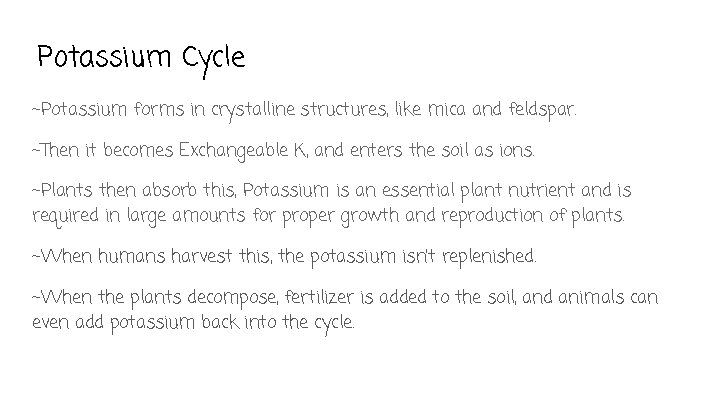Potassium Cycle ~Potassium forms in crystalline structures, like mica and feldspar. ~Then it becomes