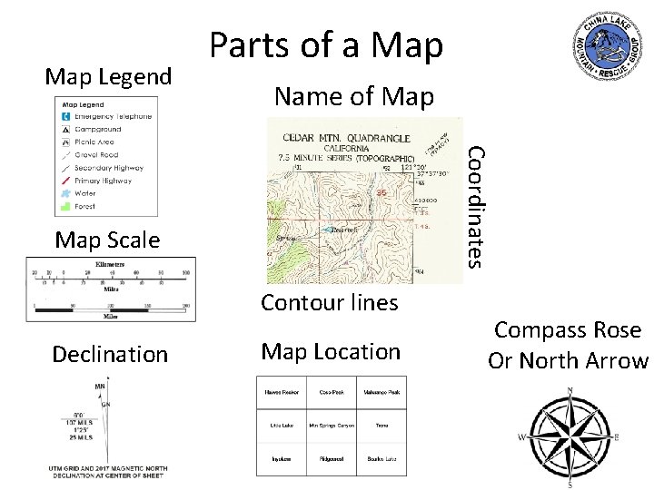 Map Legend Parts of a Map Name of Map Coordinates Map Scale Contour lines