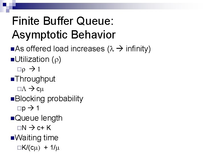 Finite Buffer Queue: Asymptotic Behavior n. As offered load increases ( infinity) n. Utilization