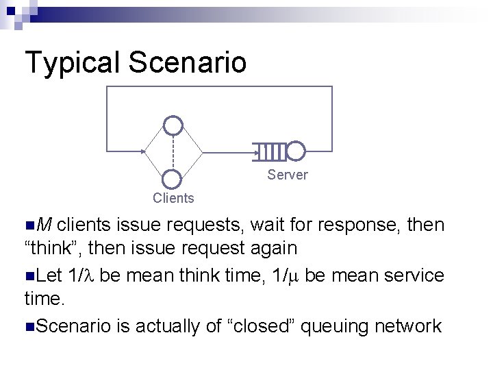 Typical Scenario Server Clients n. M clients issue requests, wait for response, then “think”,